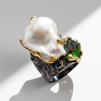 925 Sterling Silver Baroque Pearl Wide Band Ring