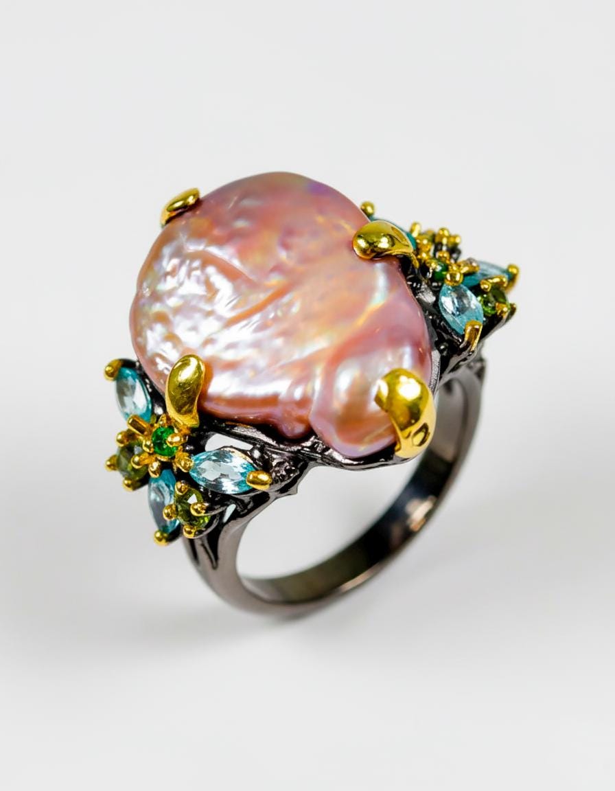 925 Sterling Silver Peach Pearl Ring, worn on hand