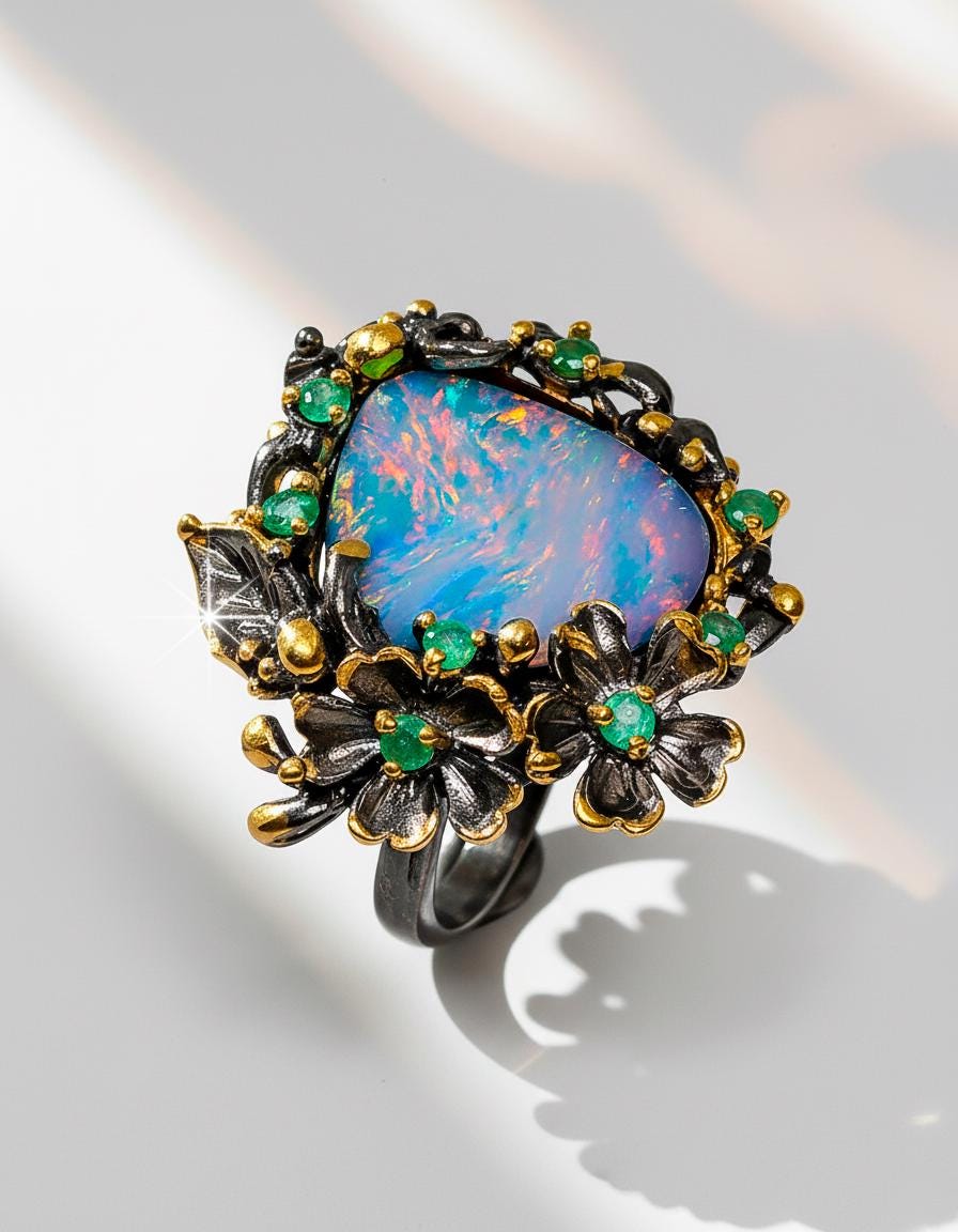 925 Sterling Silver Australian Opal Flower Ring