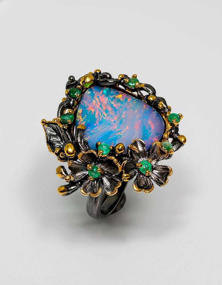925 Sterling Silver Australian Opal Flower Ring