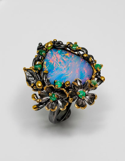 925 Sterling Silver Australian Opal Flower Ring