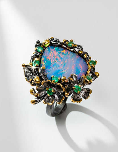 925 Sterling Silver Australian Opal Flower Ring