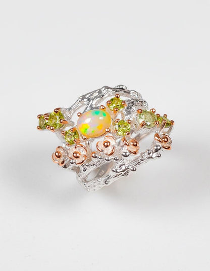 925 Sterling Silver Rainbow Opal Branch Ring
