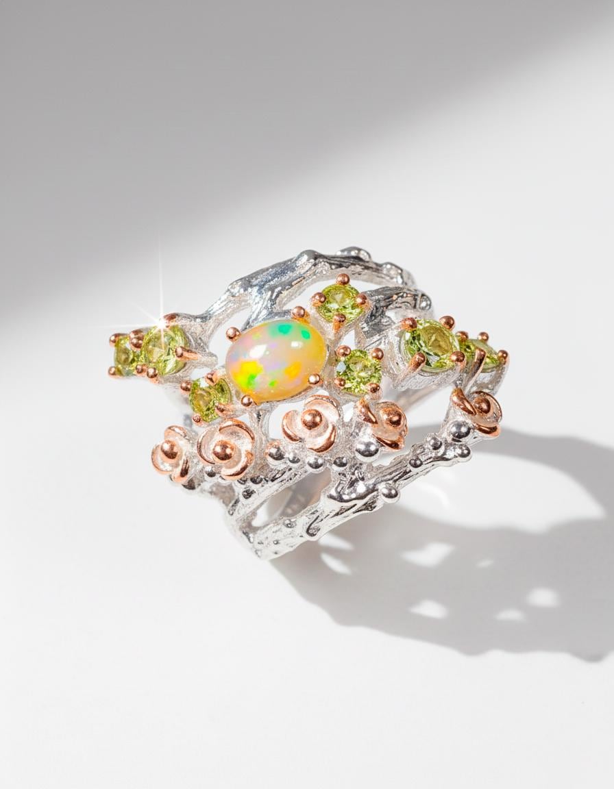 925 Sterling Silver Rainbow Opal Branch Ring
