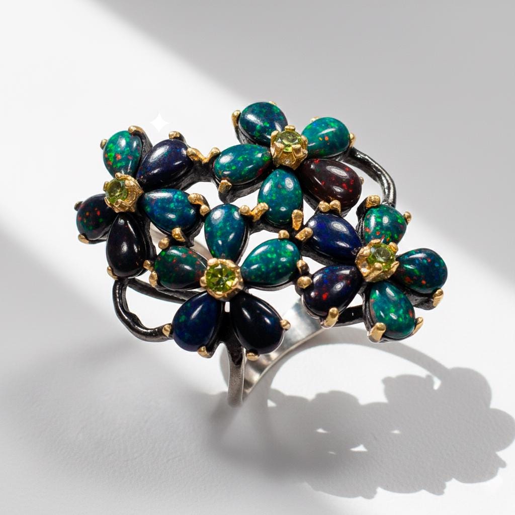 925 Sterling Silver Black Opal Floral Ring