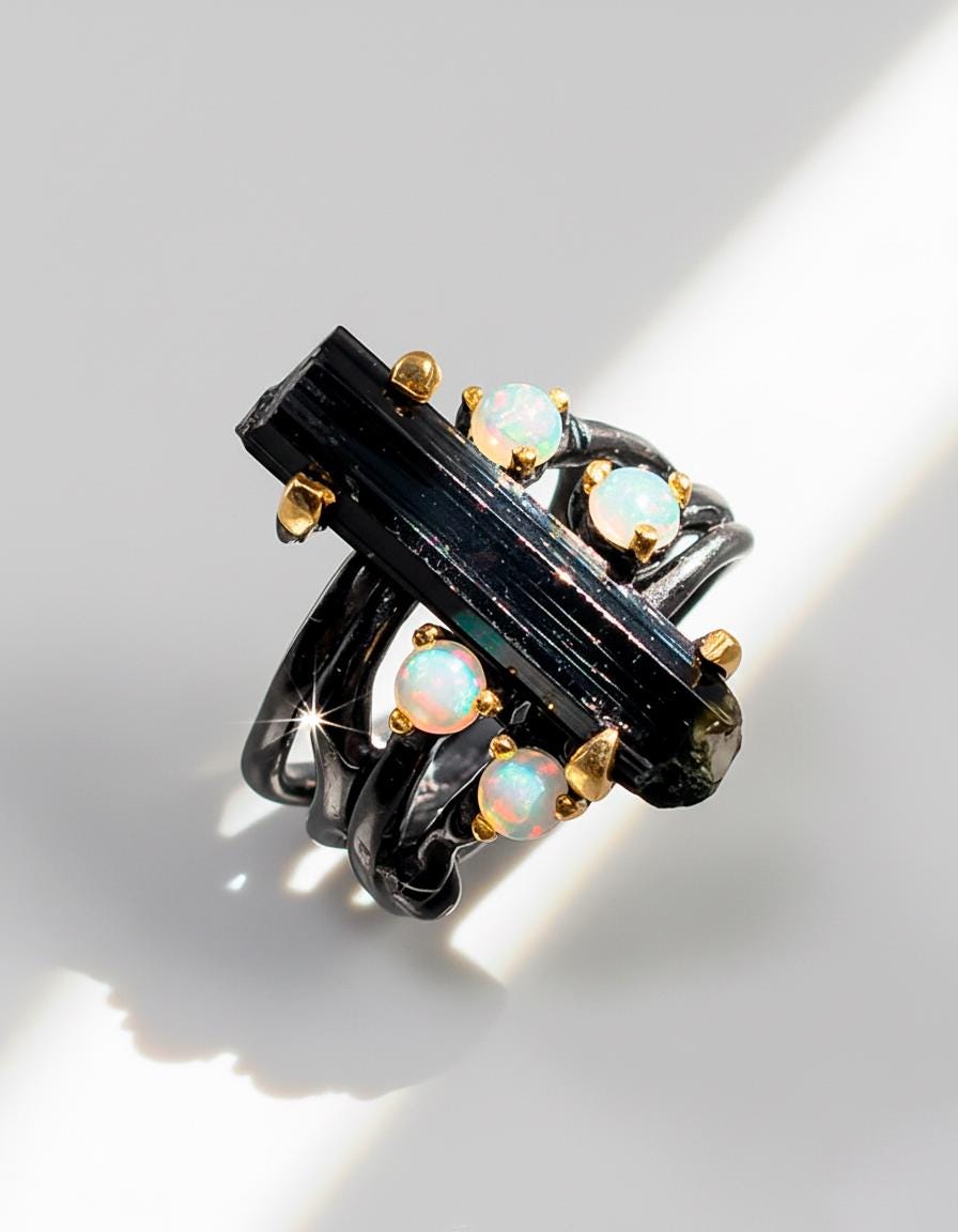 925 Sterling Silver Raw Black Tourmaline Pencil Ring