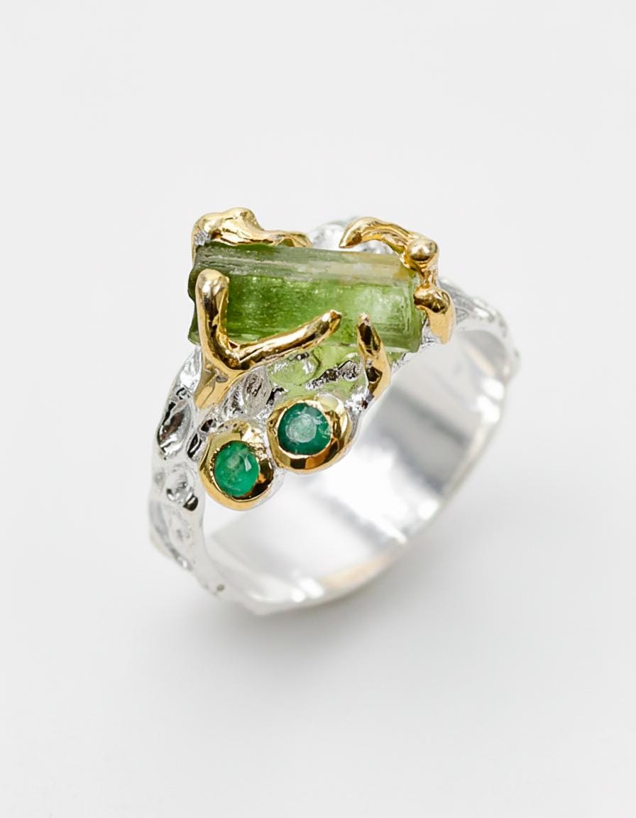 925 sterling silver raw green tourmaline ring