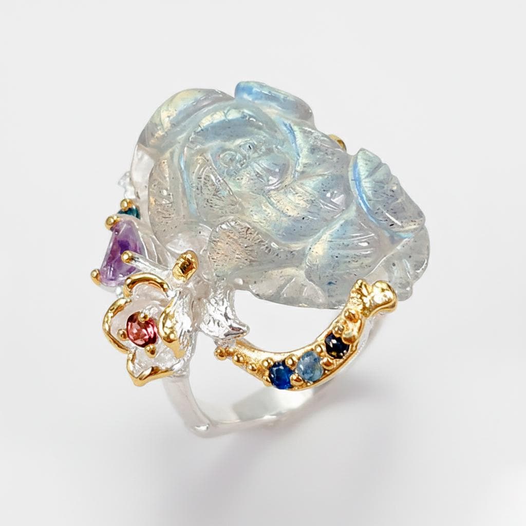 925 Sterling Silver Labradorite Flower Ring