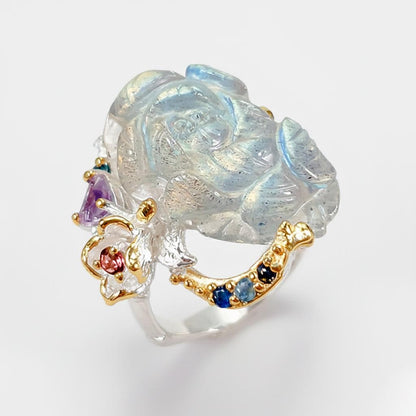 925 Sterling Silver Labradorite Flower Ring