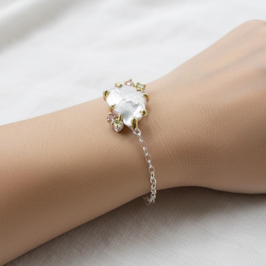 925 Sterling Silver Raw Baroque Pearl Bracelet