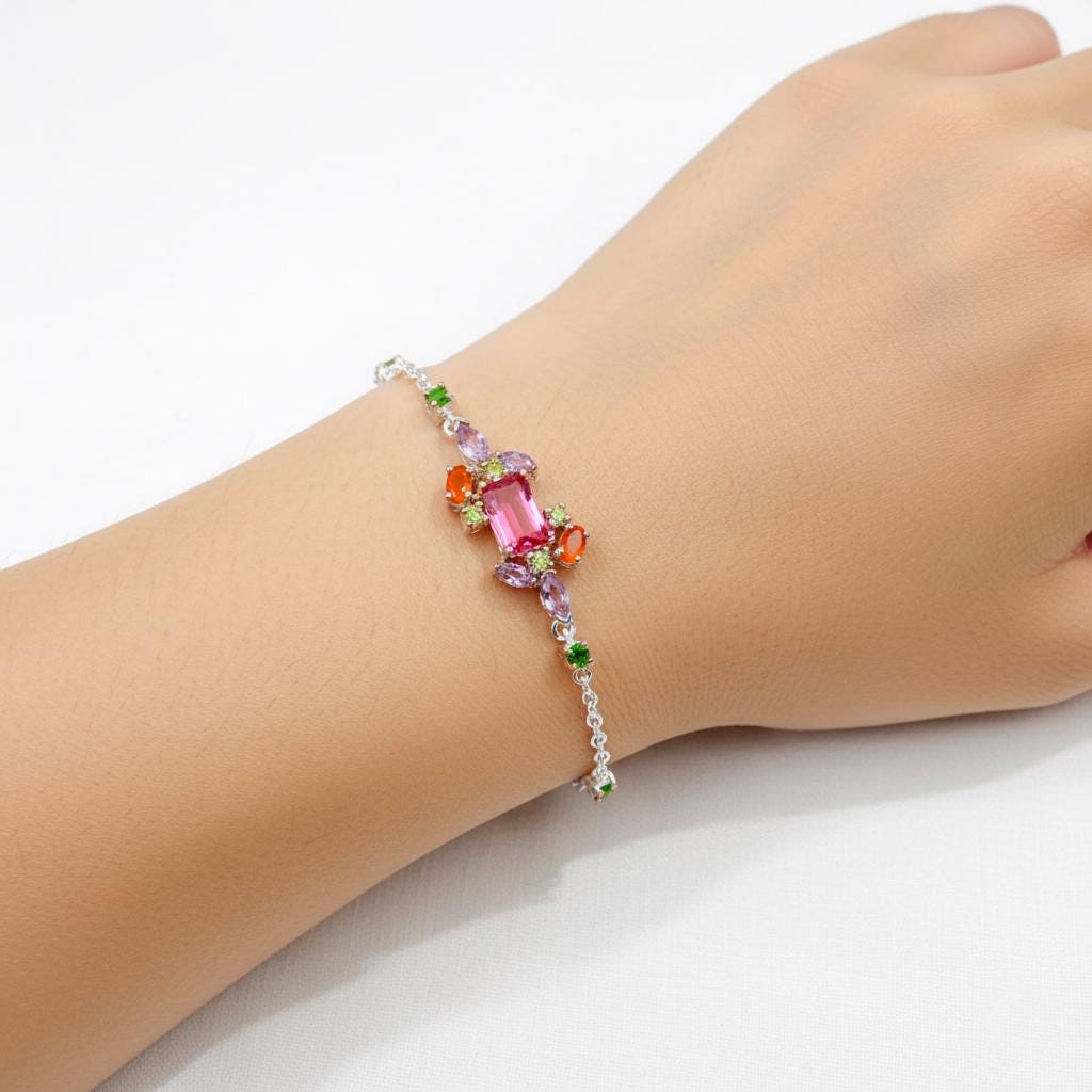 925 Sterling Silver Ruby Cluster Bracelet