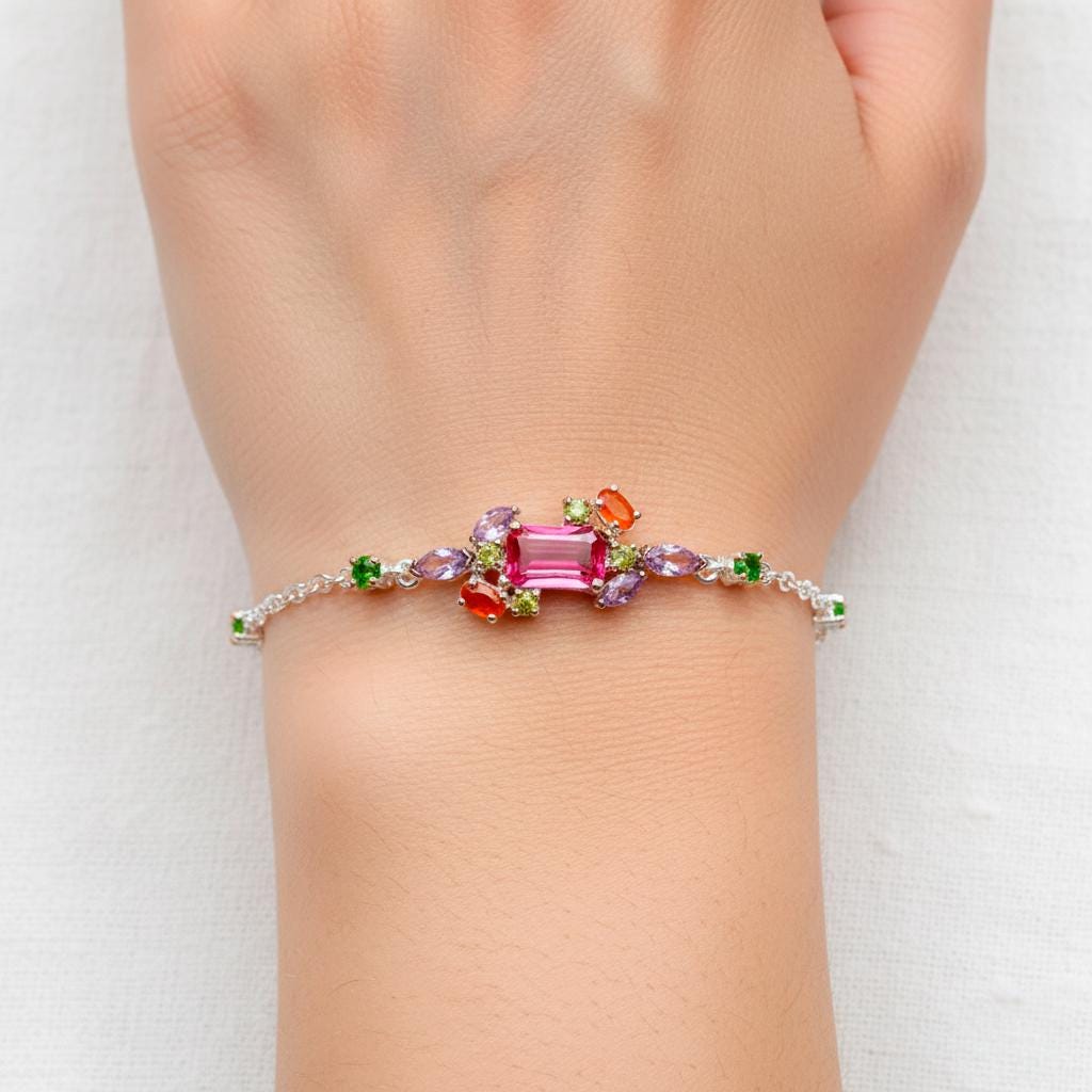 925 Sterling Silver Ruby Cluster Bracelet