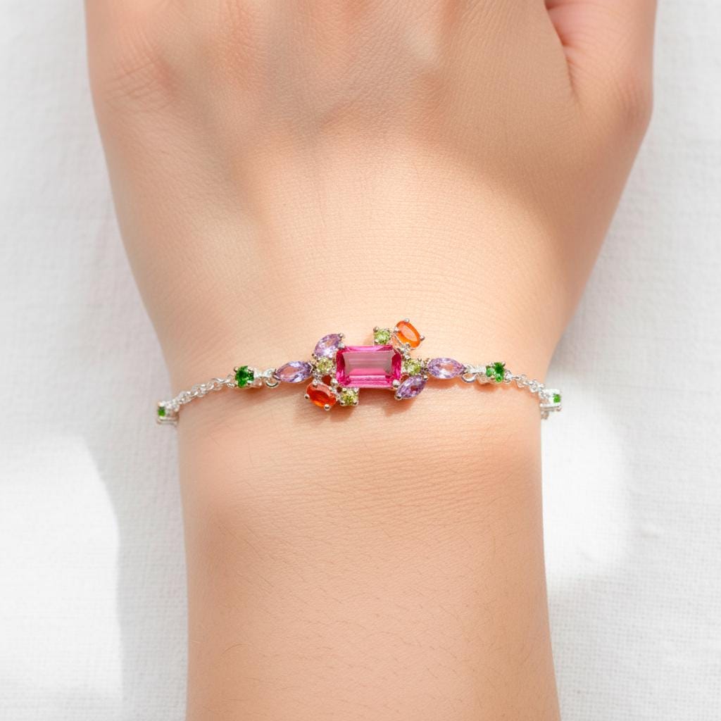 925 Sterling Silver Ruby Cluster Bracelet