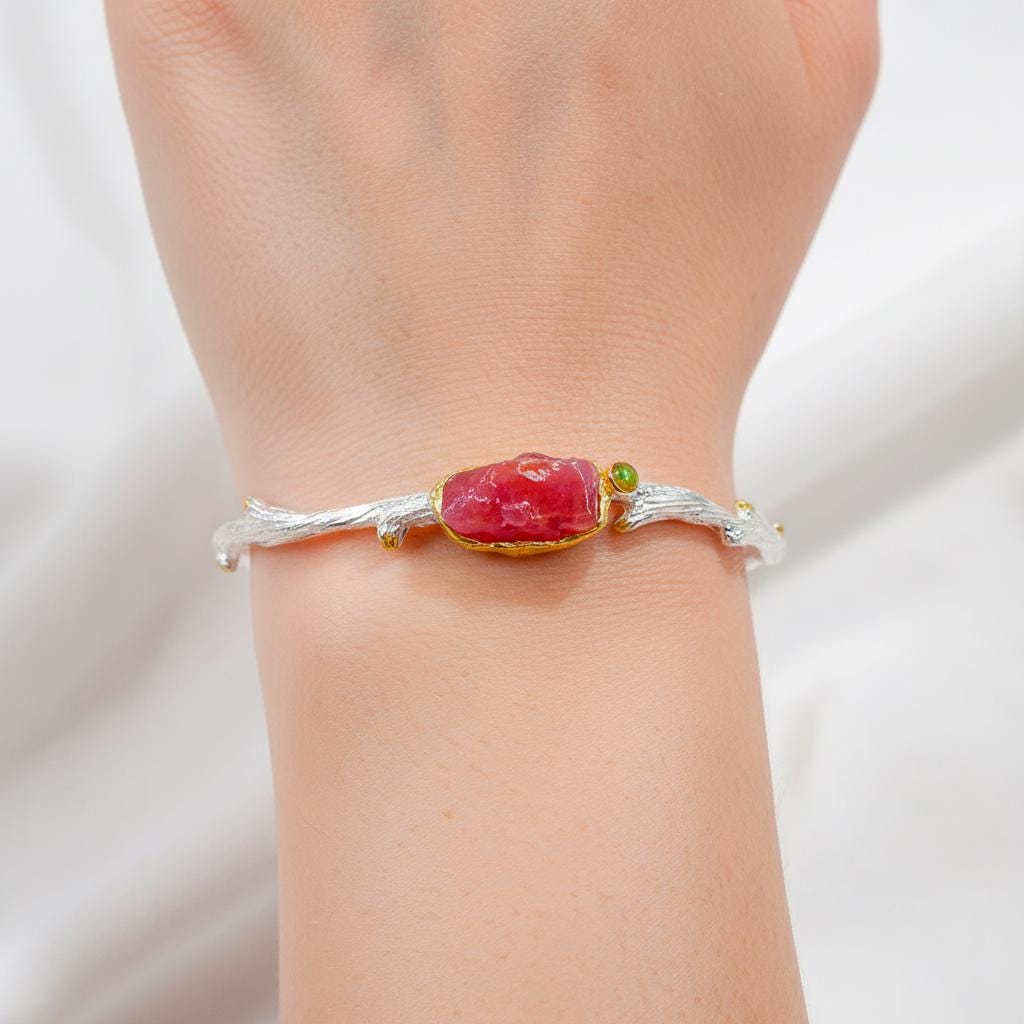 925 Sterling Silver Raw Pink Ruby Cuff Bracelet