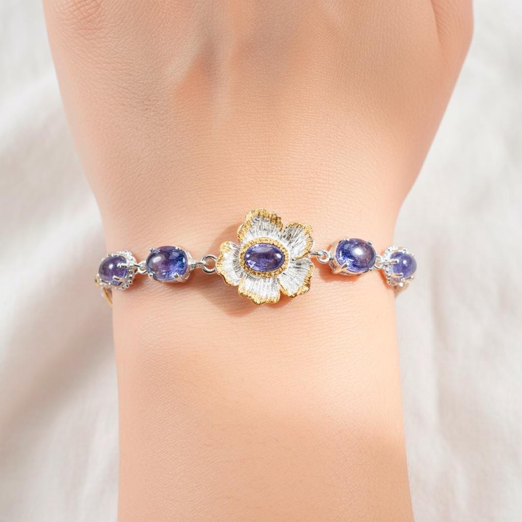 925 Sterling Silver Tanzanite Flower Bracelet