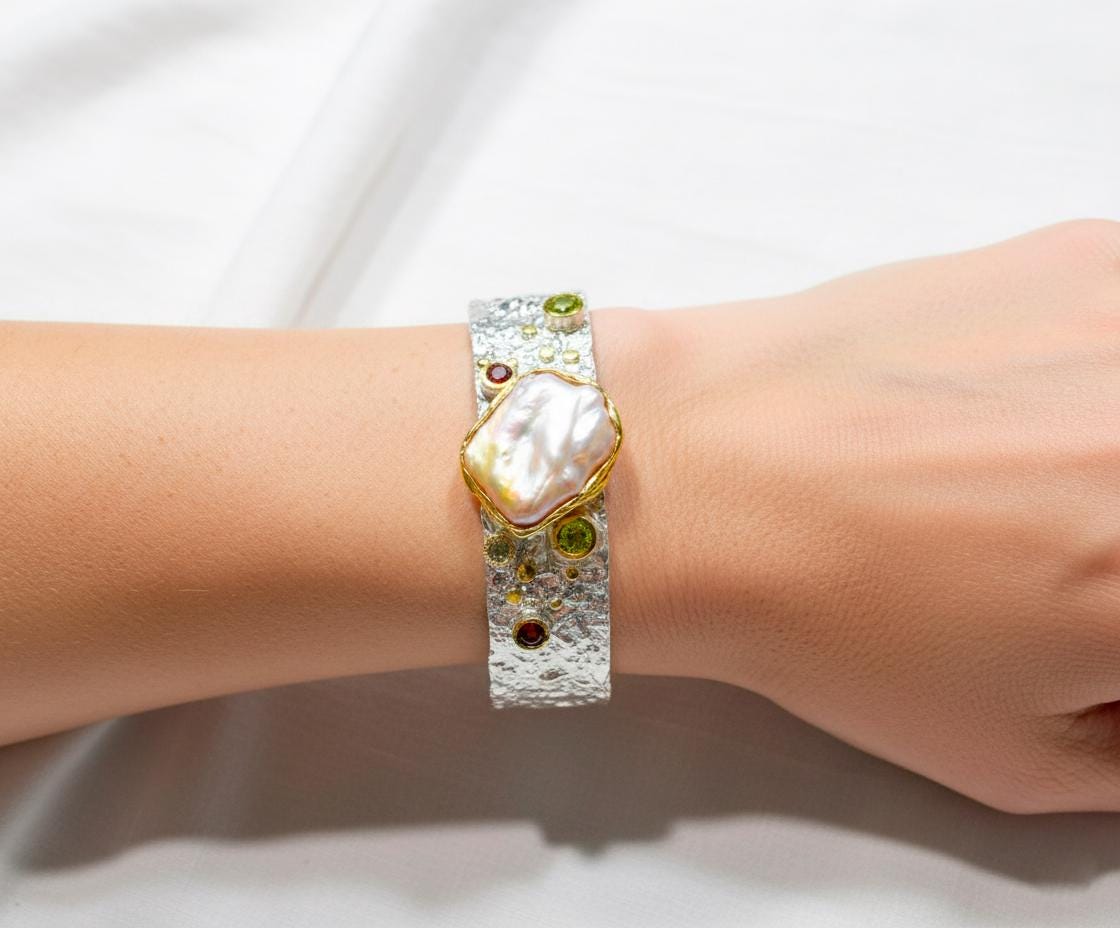 925 sterling silver baroque pearl wide cuff bracelet