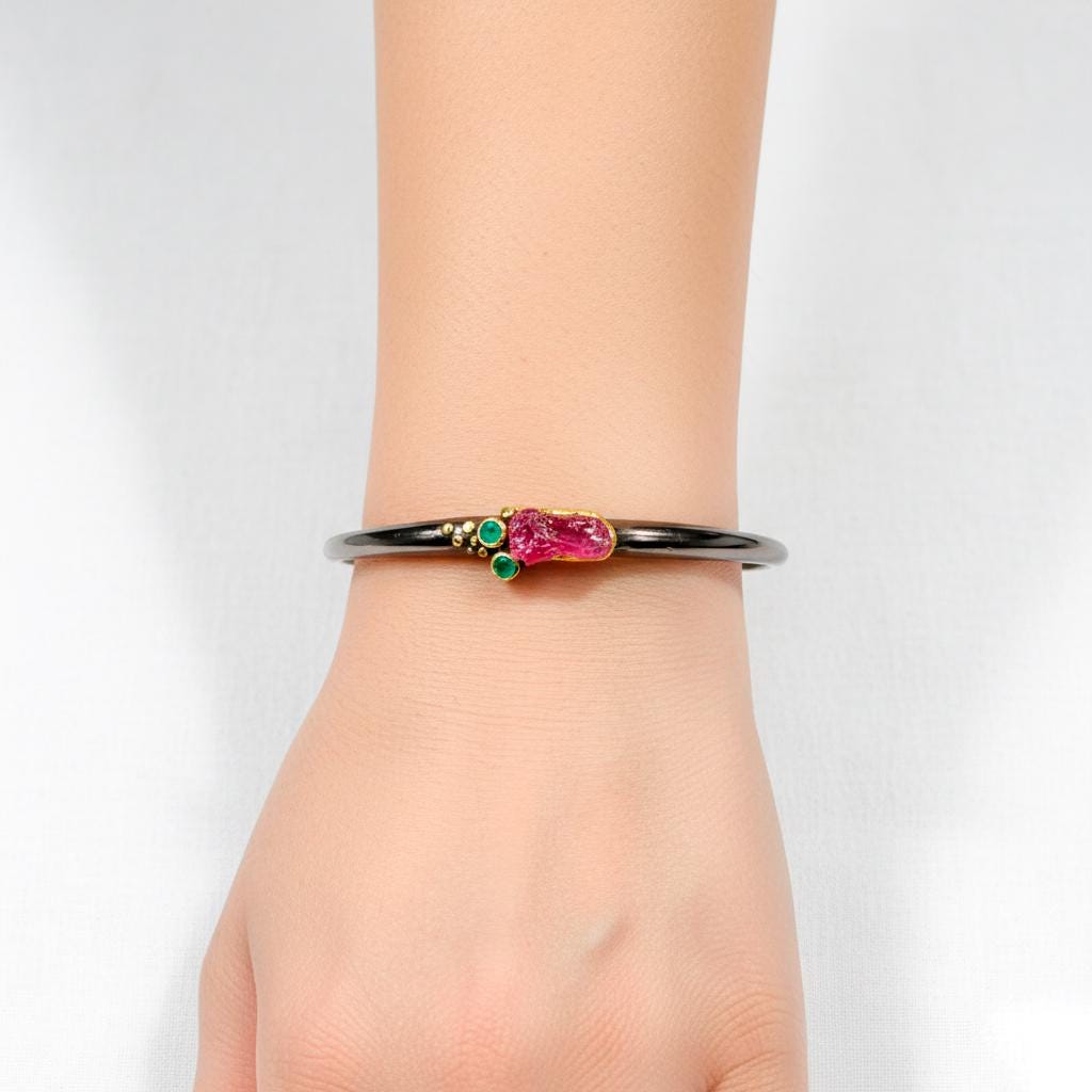 925 Sterling Silver Raw Pink Ruby Cuff Bracelet