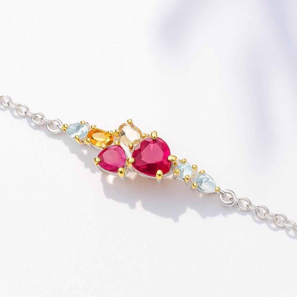 925 Sterling Silver Ruby Heart Bracelet
