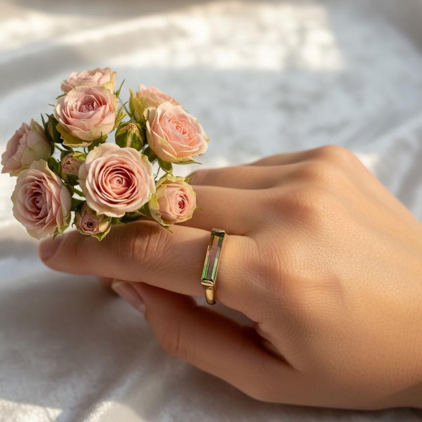 14-18K Solid Gold Watermelon Tourmaline Bar Ring