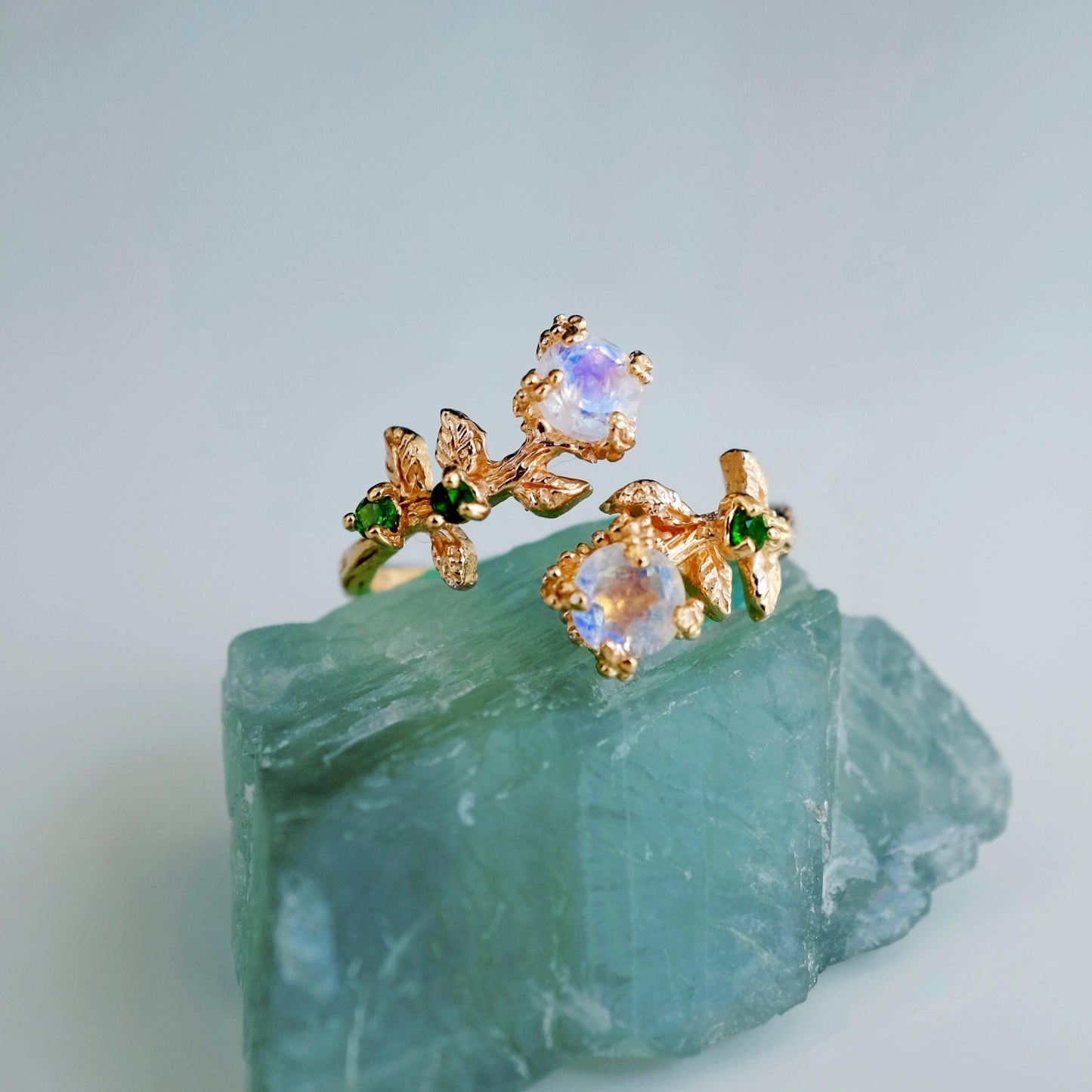 14K Solid Gold Moonstone Toi Et Moi Ring