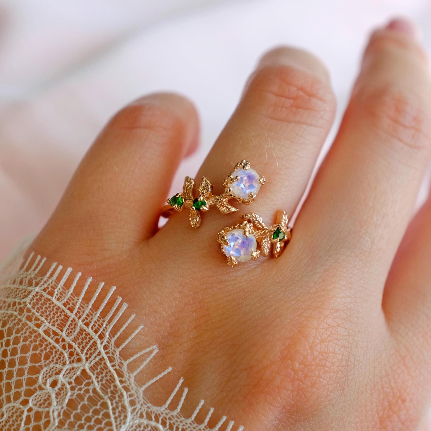 14K Solid Gold Moonstone Toi Et Moi Ring