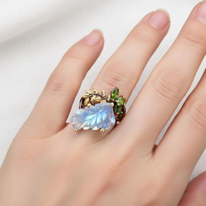 925 Sterling Silver Rainbow Moonstone Leaf Ring