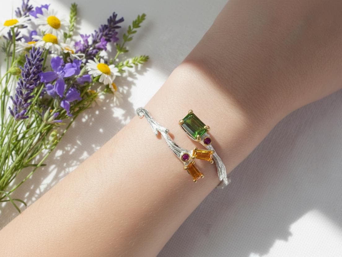 925 Sterling Silver Tourmaline Citrine Cuff Bracelet
