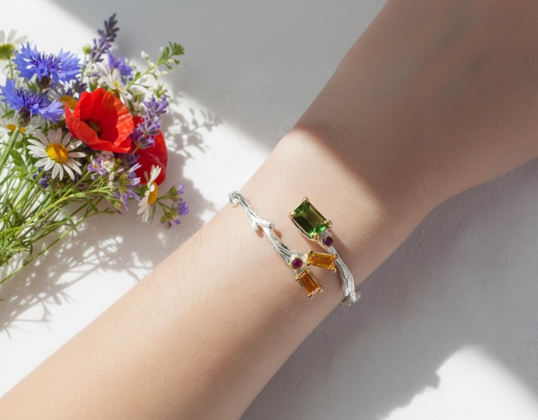 925 Sterling Silver Tourmaline Citrine Cuff Bracelet