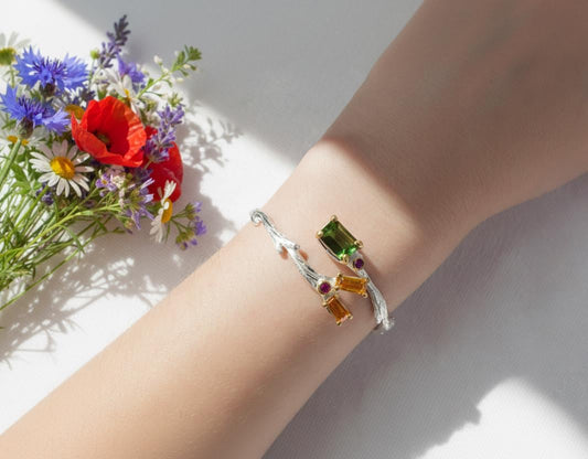 925 Sterling Silver Tourmaline Citrine Cuff Bracelet