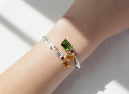 925 Sterling Silver Tourmaline Citrine Cuff Bracelet
