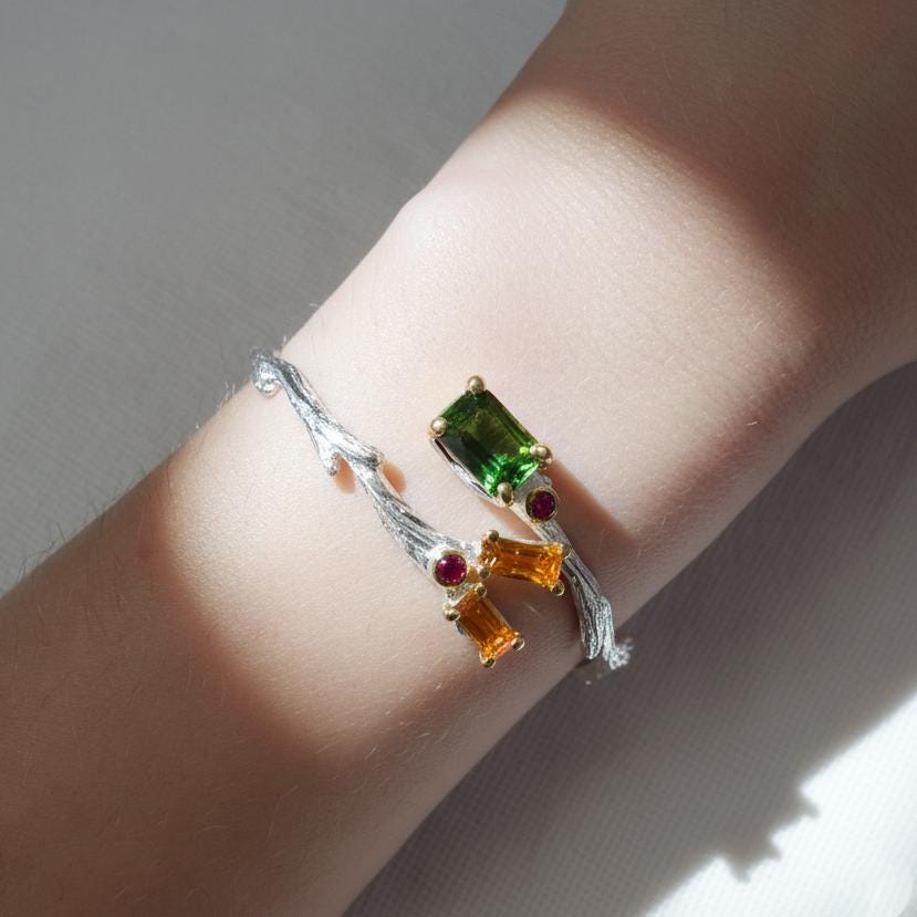 925 Sterling Silver Tourmaline Citrine Cuff Bracelet