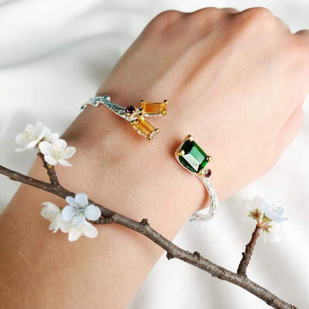 925 Sterling Silver Tourmaline Citrine Cuff Bracelet