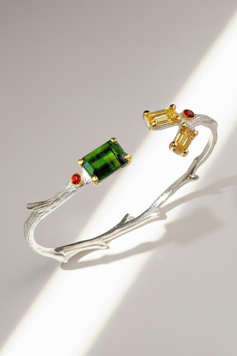 925 Sterling Silver Tourmaline Citrine Cuff Bracelet