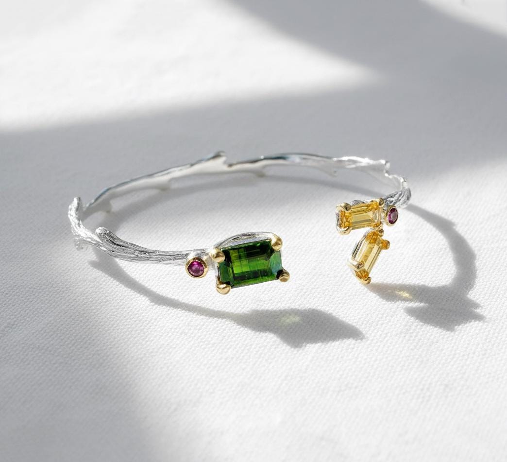 925 Sterling Silver Tourmaline Citrine Cuff Bracelet