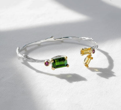 925 Sterling Silver Tourmaline Citrine Cuff Bracelet