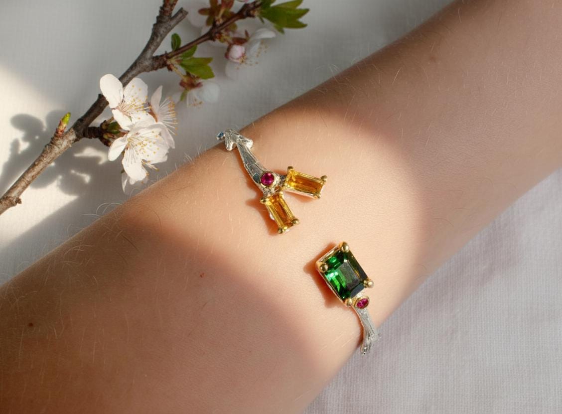925 Sterling Silver Tourmaline Citrine Cuff Bracelet