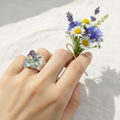 925 Sterling Silver Raw Apatite Amethyst Chunky Ring