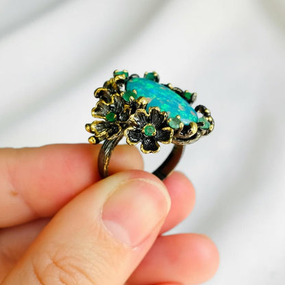 925 Sterling Silver Australian Opal Flower Ring