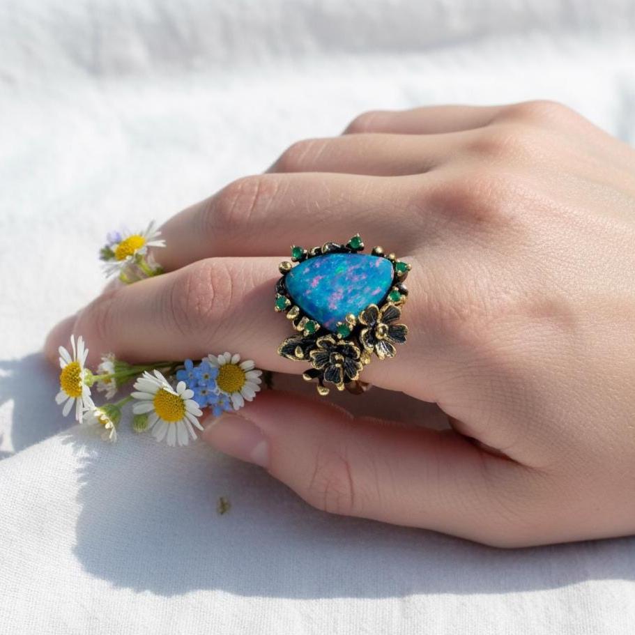 925 Sterling Silver Australian Opal Flower Ring