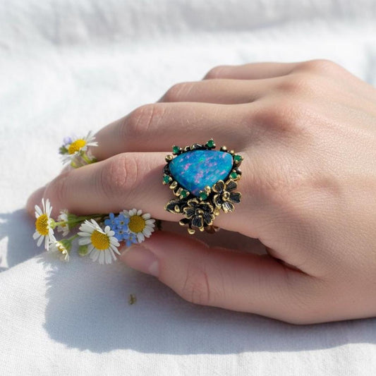 925 Sterling Silver Australian Opal Flower Ring