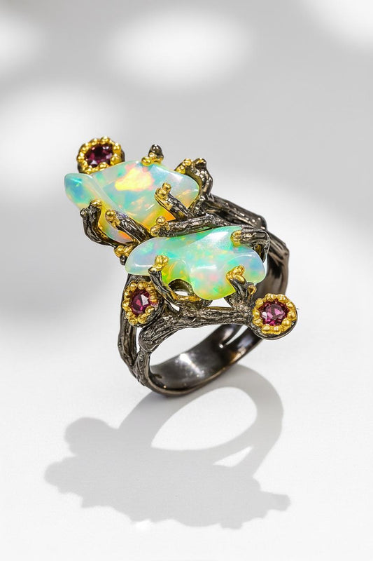 925 Sterling Silver Raw Fire Opal Branch Ring