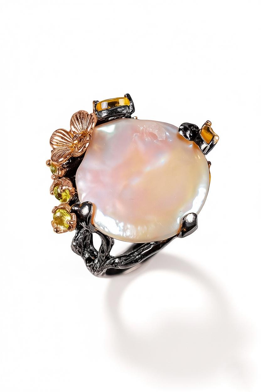 925 Sterling Silver Baroque Pearl Ring, worn look