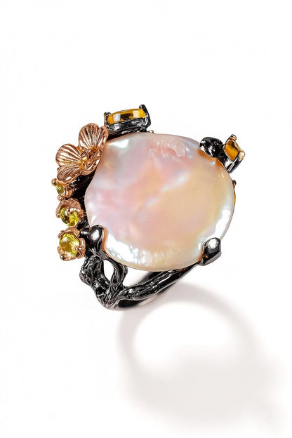 925 Sterling Silver Baroque Pearl Ring, worn look
