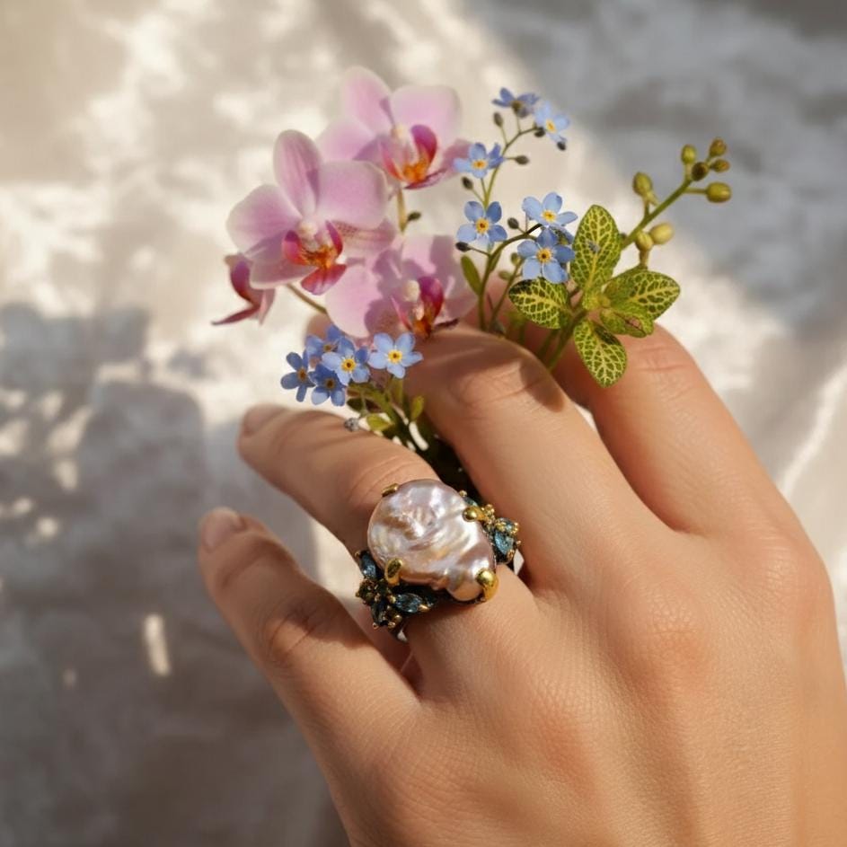 925 Sterling Silver Peach Pearl Ring, side view