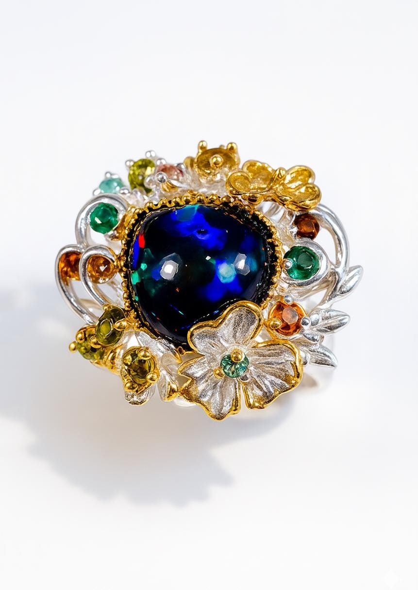 925 Sterling Silver Black Opal Flower Ring