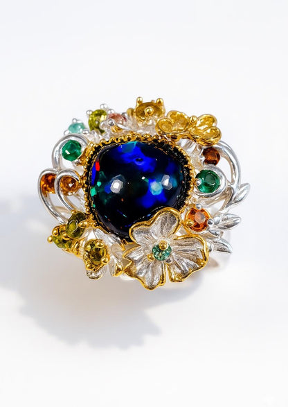 925 Sterling Silver Black Opal Flower Ring