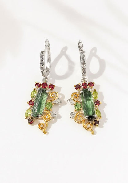 925 Sterling Silver Raw Tourmaline Dangle Earrings