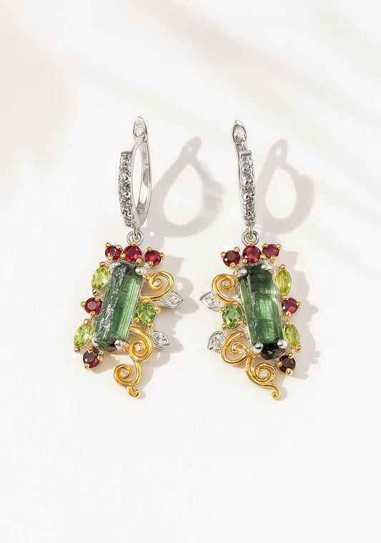 925 Sterling Silver Raw Tourmaline Dangle Earrings