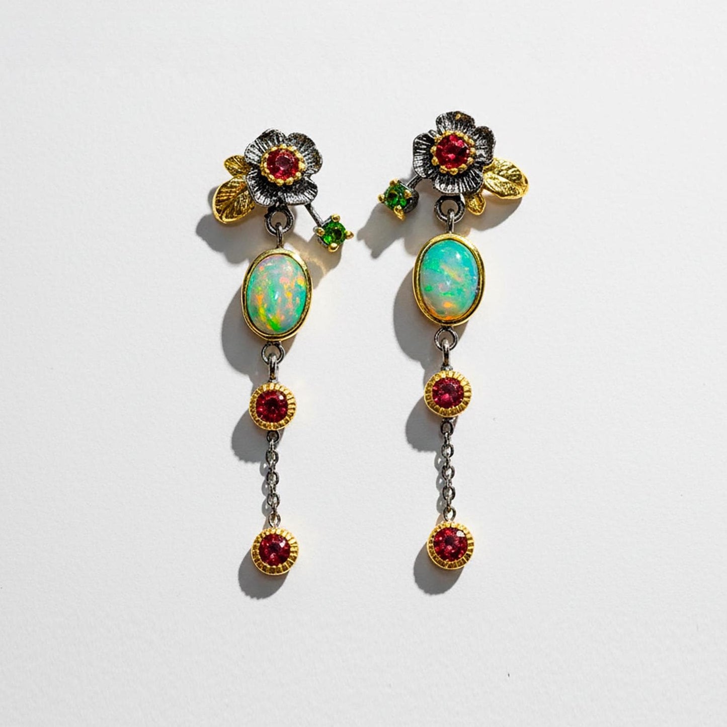 925 Sterling Silver Fire Opal Flower Dangle Earrings