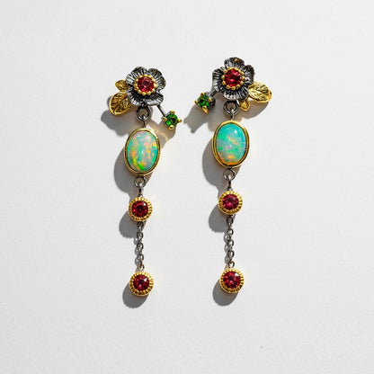 925 Sterling Silver Fire Opal Flower Dangle Earrings